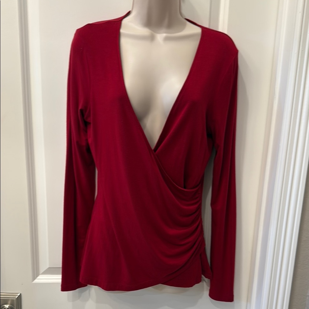 LOFT Red Ruched Wrap Blouse Long Sleeve